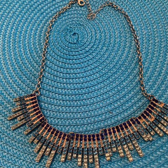 Goldtone Bib Necklace with Teal and White Stones - Picture 3 of 9